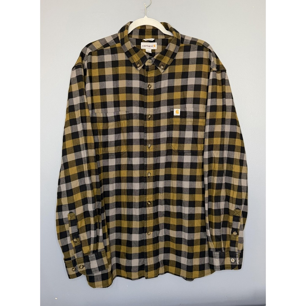 Carhartt Shirt Mens 2XL Gold Grey Plaid Flannel Button Down Relaxed Fit Work 2X